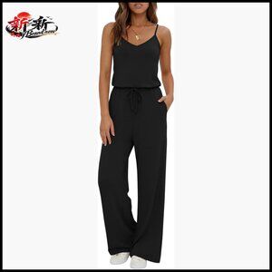 Polyester Jumpsuit with Pockets, Sleeveless Wide Leg Romper